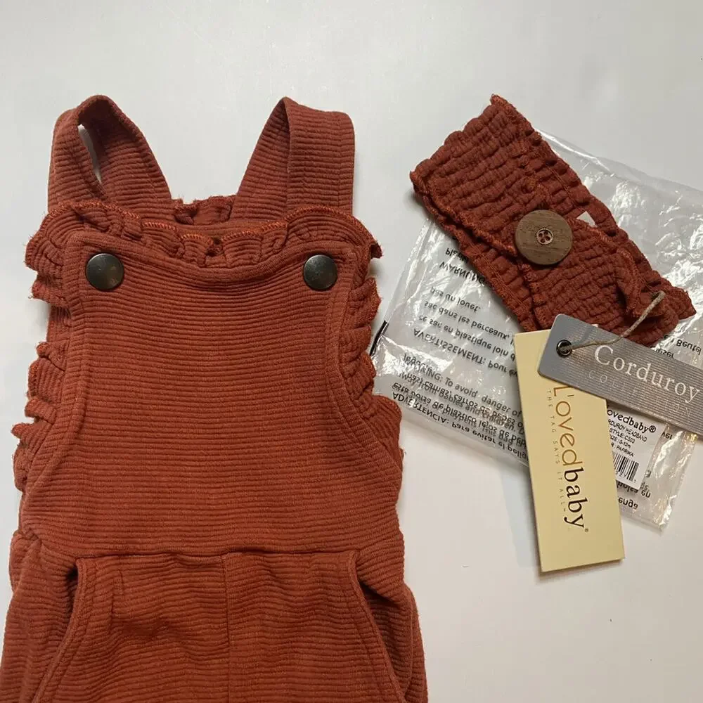 New L'ovedbaby Paprika Rust Ruffle Romper Overalls With Matching Headband